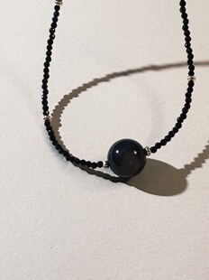 【拥抱月夜】设计款极细黑尖晶银耀石项链颈链女气质简约复古设计