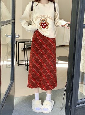 复古红色格子毛呢半身裙女秋冬装爆款高腰包臀裙菱格a字中长裙子