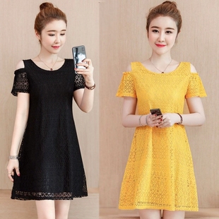 2026夏天胖妹妹露肩蕾丝连衣裙圆领宽松纯色遮肚子A字裙减龄显瘦