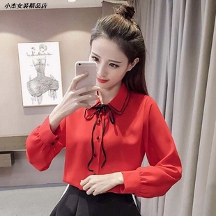 新款2026学生白秋装女衬衣长袖韩版打底蝴蝶结宽松春百搭衬衫雪纺