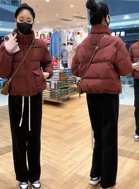 短款羽绒棉衣女2026年秋冬韩版时尚宽松加厚保暖面包服外套酒红色