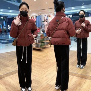 短款羽绒棉衣女2026年秋冬韩版时尚宽松加厚保暖面包服外套酒红色