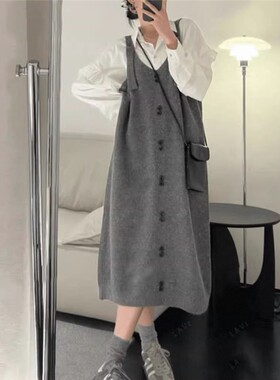 宽松叠穿吊带裙无袖女中长款针织灰色外穿秋冬连衣裙潮毛衣背带裙