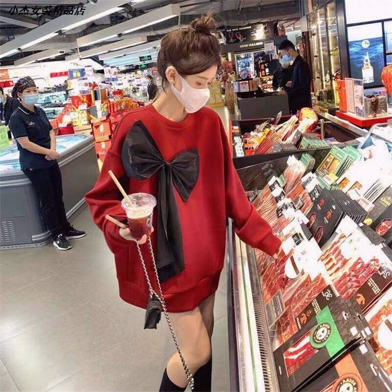 减龄气质oversize上衣蝴蝶结卫衣春秋女长袖中长款设计感宽松V领