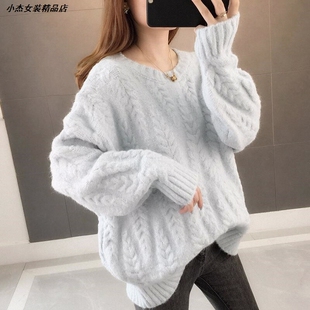 女春秋学生韩版新款上衣宽松年潮圆领纯色麻花毛衣针织衫套头2026