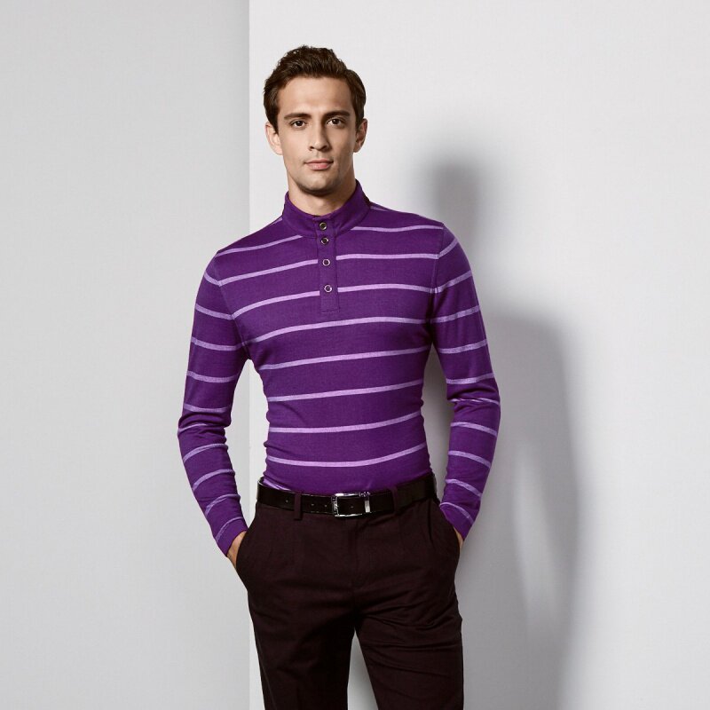 luka dilong 路卡迪龙男士t恤长袖翻领纯羊毛经典舒适条纹t恤