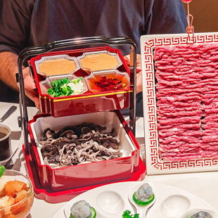 创意南门涮肉老北京爆肚四格调味专用餐具火锅店红色提手双层食盒