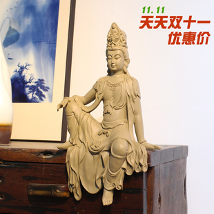 水月自在观音佛像新中式禅意摆件客厅博古架玄关古法鱼缸树脂装饰