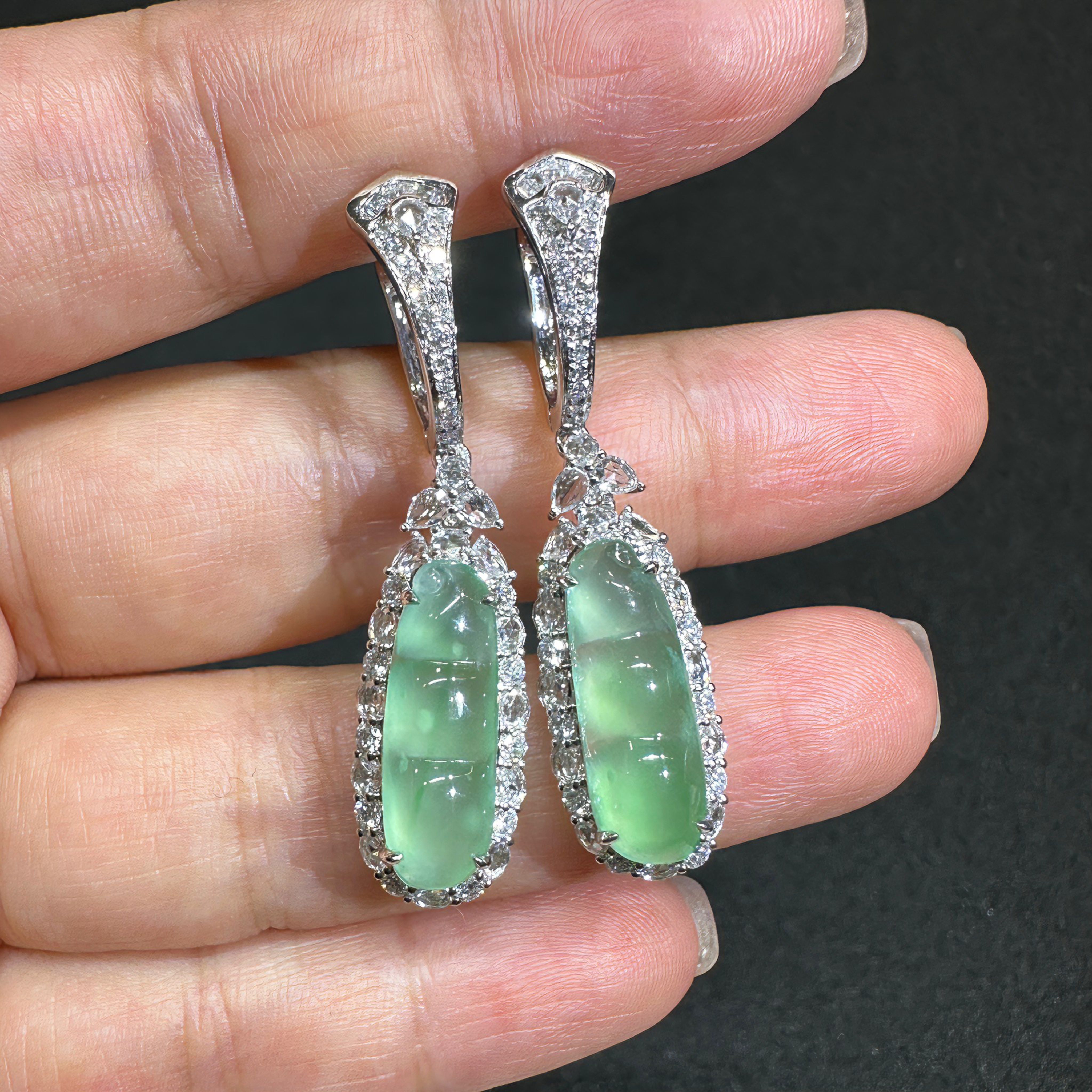 缅甸A货木纳绿翡翠福豆耳坠18k金镶钻石起光木纳晴绿四季豆耳包女,珠宝/钻石/翡翠,耳饰,淘宝优惠券,粉丝福利购,淘宝优惠卷