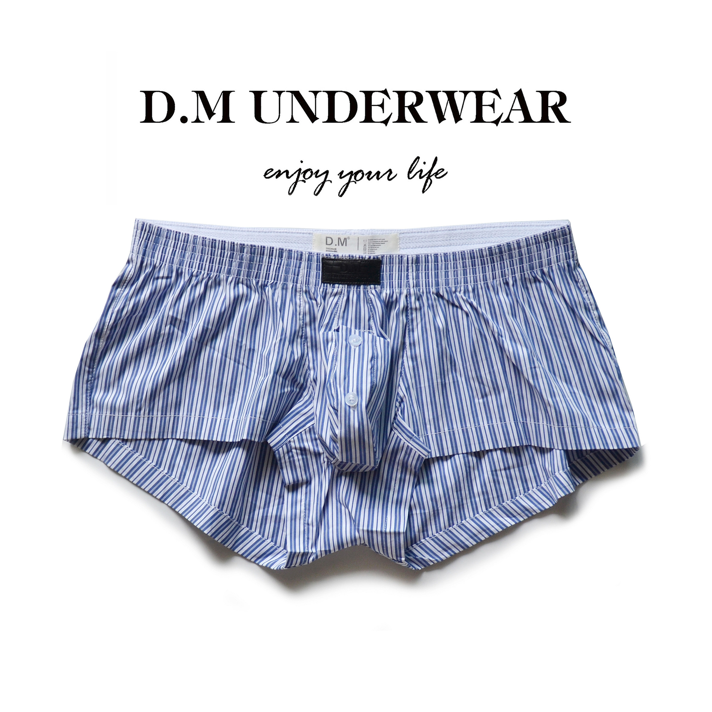D.M男阿罗裤激凸囊袋性感平角裤四角裤低腰棉质条纹居家短裤家居