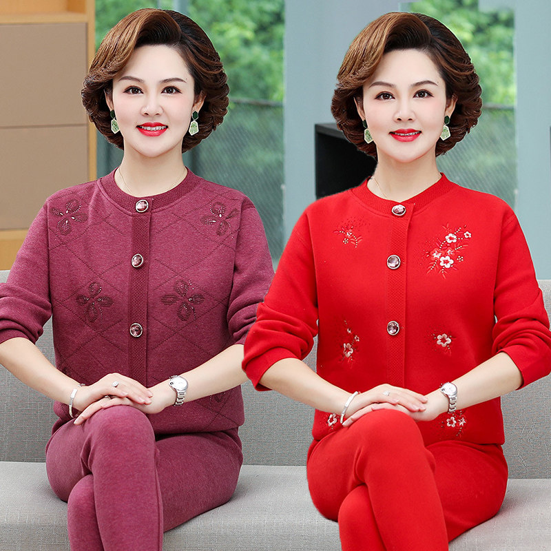 加绒加厚女保暖内衣套装中老年人老人开衫开身巨厚防寒奶奶外穿红