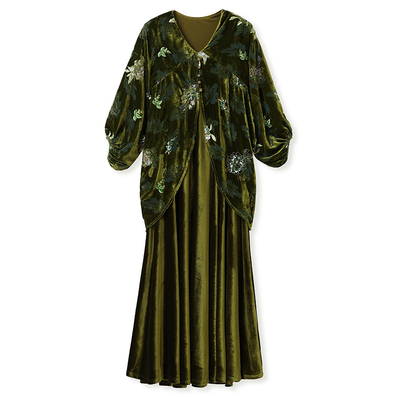 国风丝绒烂花连衣裙女复古新中式禅意裙秋季新款宽松连衣裙