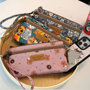 韩国卡通碎花防水牛津布手机包 女士双层收纳包手拎包儿童零钱包