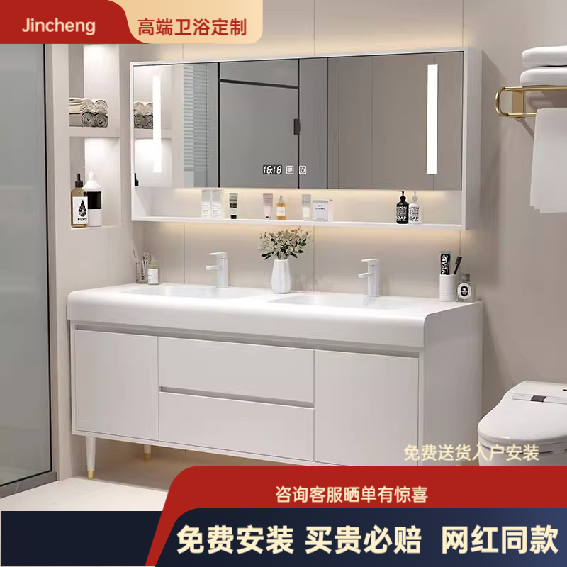 奶油风可丽耐一体双盆浴室柜组合洗漱台落地卫生间洗脸盆洗手台盆