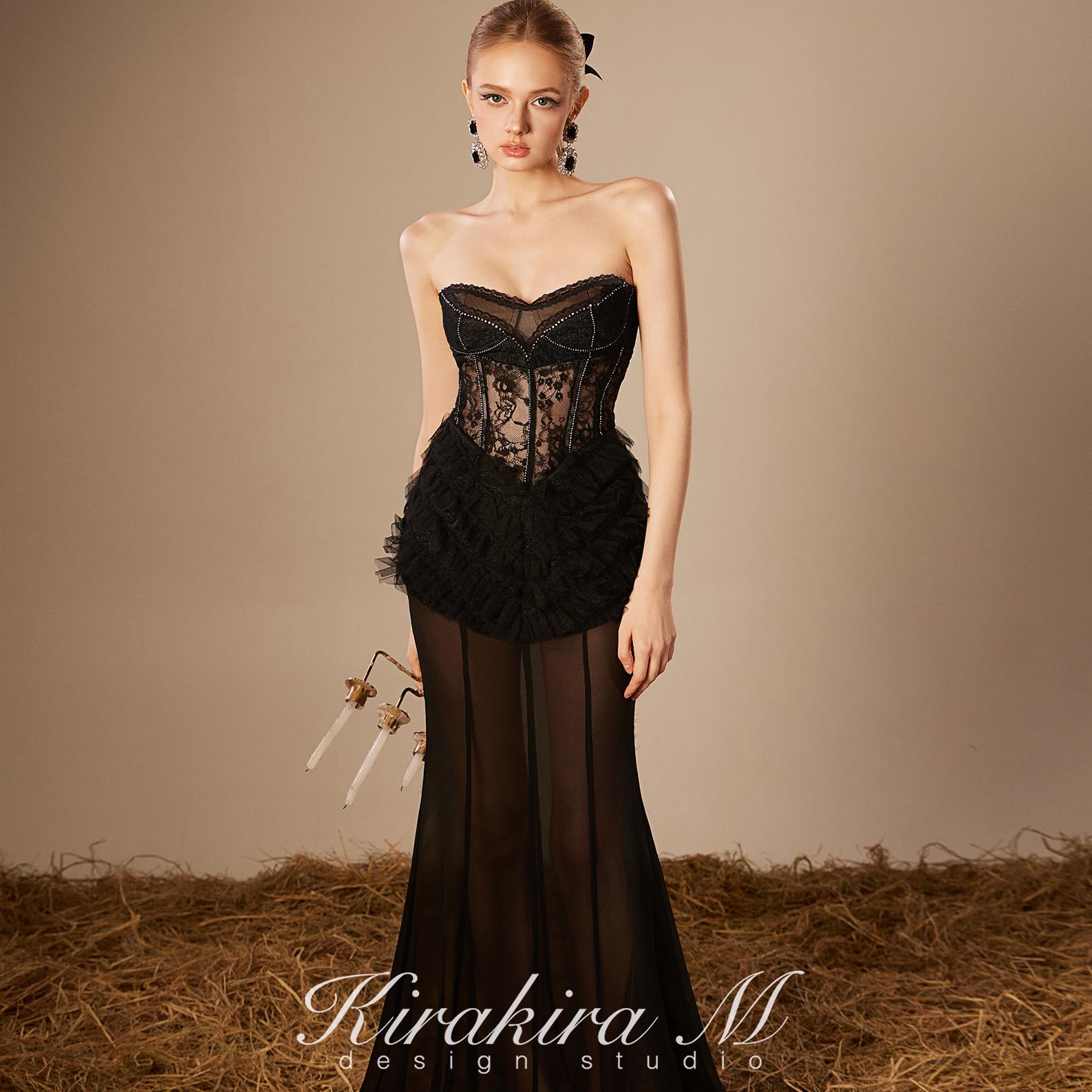 性感修身鱼尾裙长款蕾丝拼接亮钻