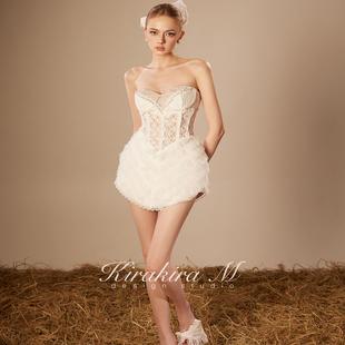 KirakiraM 白色珠片蕾丝亮钻鱼骨层层蛋糕抹胸裙 Wonderlust