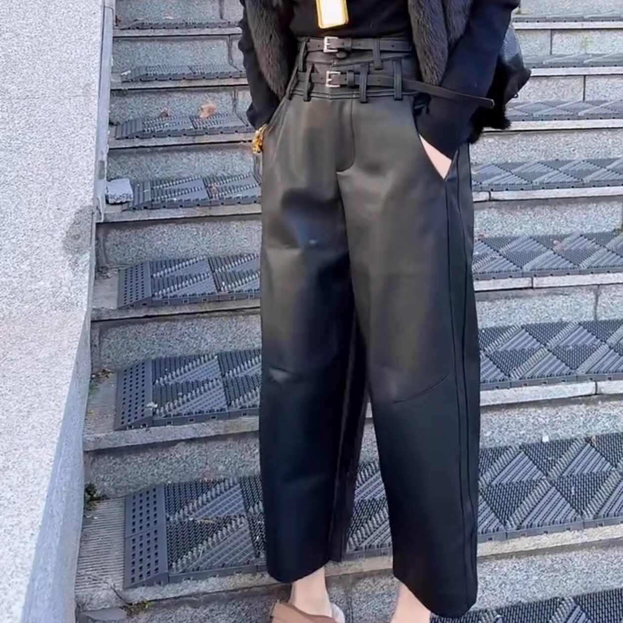 欧货双腰带软皮裤阔腿裤女冬新高腰磨毛八分弯刀裤休闲PU老爹裤,女装/女士精品,休闲裤,淘宝优惠券,粉丝福利购,淘宝优惠卷