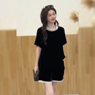 时尚气质垂感冰丝丝绒短袖上衣高腰短裤套装女夏薄款透气轻奢套装