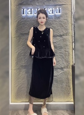 欧货真丝绒套装裙上衣半身裙