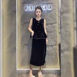 欧货丝绒套装裙女2025夏新丝绒拼接网纱上衣半身裙两件套高级感