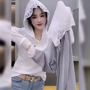 欧货2025春夏设计感蕾丝钩花T恤连帽衫女洋气时尚显瘦上衣打底衫
