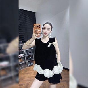 高端垂感冰丝丝绒无袖衬衫T恤上衣女夏薄款立体蝴蝶结荷叶边背心