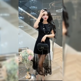 欧货蕾丝拼接气质连衣裙女高级感蕾丝网纱打底裙修身港风休闲裙