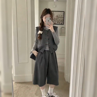 高级感无袖马甲T恤阔腿中裤套装女秋显瘦通勤高端三件套通勤穿搭