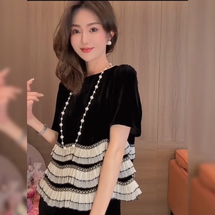 欧货拼沙金丝绒半袖T恤女夏洋气丝绒衫设计感小众荷叶边衬衫上衣