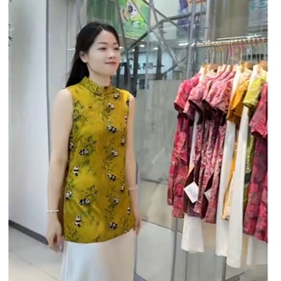 2026春秋季节高级新中式熊猫竹子印花连衣裙女立领无袖高端气质裙