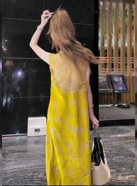 优雅无袖醋酸提花连衣裙女夏薄款V领显瘦长裙黄色垂感名媛轻奢裙