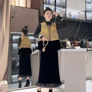 高端国风丝绒马甲半身裙套装 气质丝绒马夹半身裙两件套 女秋时尚