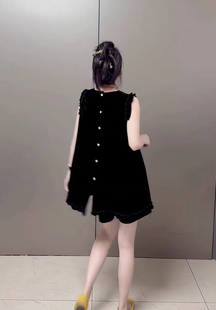 女寬松絲絨背心坎肩娃娃衫 歐貨時尚 上衣真絲絨套裝 短褲 無袖 兩件套