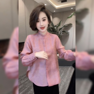 网红爆款粉色立领衬衫女宽松减龄休闲上衣法式立领提花小衫打底衫