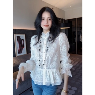 2025冬季新款加厚法式重工蕾丝衬衫长袖立领荷叶边设计感气质上衣