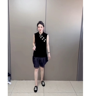 欧货2025夏季新款时尚洋气新中式金丝绒连衣裙拼接雪纺纱百搭气质