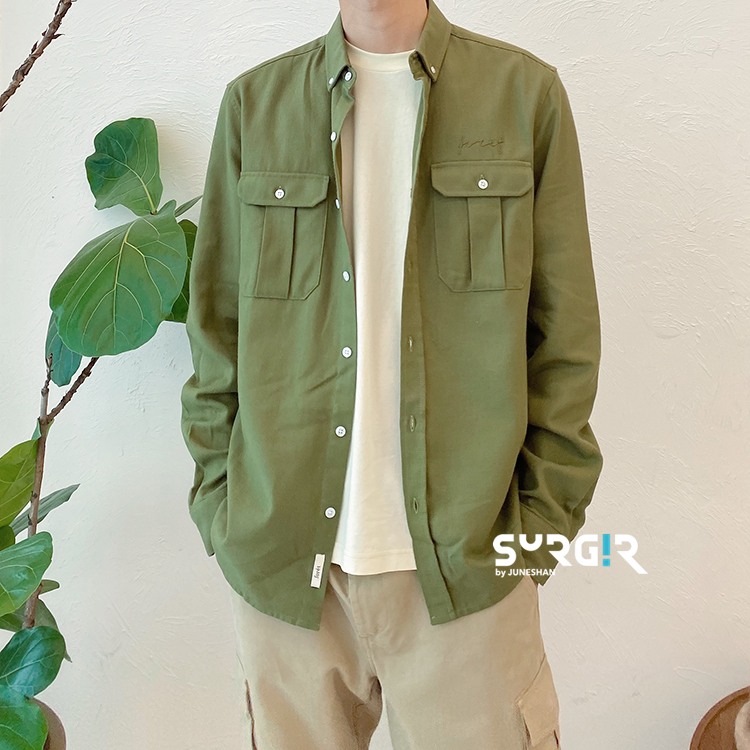独家北欧foret橄榄口袋长袖衬衫
