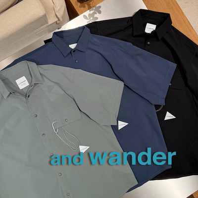 and wander授权26SS 三色定番反光LOGO登山扣工装翻领短袖衬衫