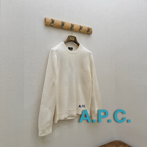 A.P.C官方授权APC 米白色简约LOGO晕染初剪羊毛圆领毛衣针织衫