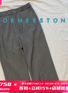 7折 CORNERSTONE官方授权 深卡其松紧腰抽绳条纹直筒休闲裤