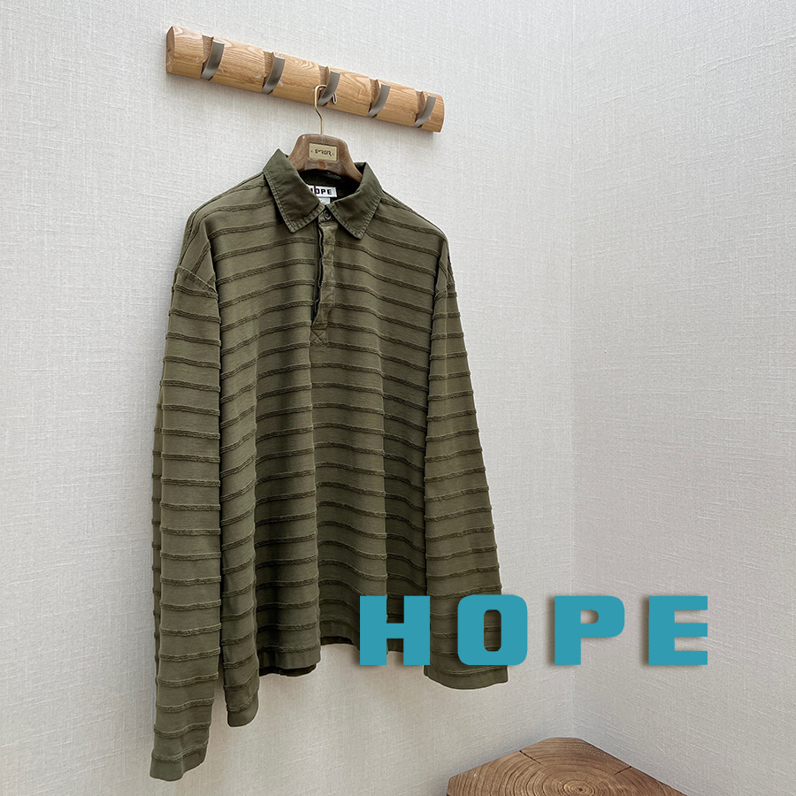 7折 HOPE官方授权 橄榄绿色毛圈立体条纹暗扣拼接领POLO衫 SURGIR
