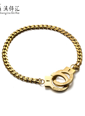 潮牌复古凹刻字母信仰手链麻花链玫瑰金钛钢情侣手铐手链