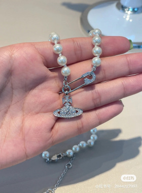 薇薇安西太后满钻土星项链女 复古珍珠别针项链工厂加工