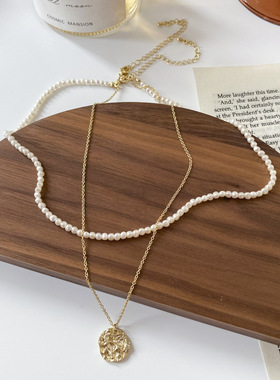 双层叠戴金色珍珠吊坠夏季简约复古时尚锁骨链2021年新款女生饰品