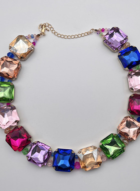 欧美爆款23MM方块方形彩色水晶项链轻奢时尚项链跨境热卖 厂家批