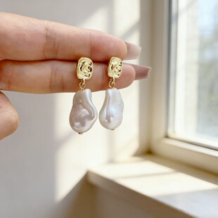 复古异形巴洛克珍珠耳环轻奢感电镀金色耳钉s925银针耳饰 法式
