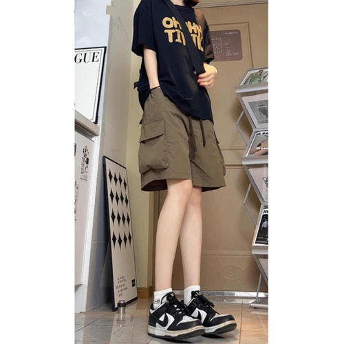 咖啡冰丝速干工装短裤女潮牌美式情侣防晒中裤大码五分裤子夏薄款