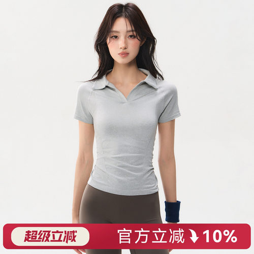 蜜桃女孩修身瑜伽服短袖速干裸感polo衫T恤休闲跑步户外运动上衣