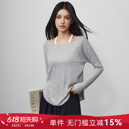 Mitaogirl裸感瑜伽服女宽松透气露肩健身上衣休闲垂感运动长袖