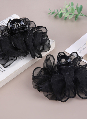 雪纺欧根纱抓夹蕾丝发夹豹纹小香风高颜值头花黑色韩版立体百搭